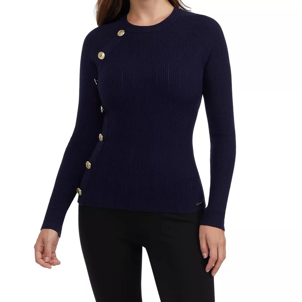 Navy Sweater with Gold Button Accents